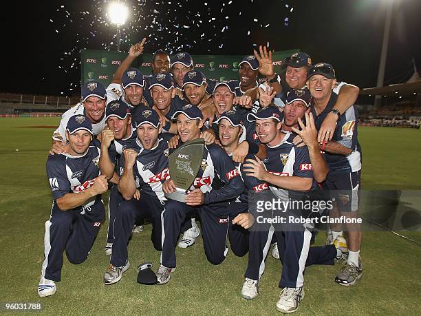 The Bushrangers celebrate after defeating the Redbacks in the Twenty20 Big Bash match between the South Australian Redbacks and the Victorian...