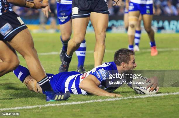 Kieran Foran of the Bulldogs lands the ball short of the try lineduring the round 11 NRL match between the Cronulla Sharks and the Canterbury...