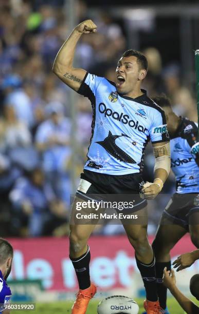 Jesse Ramien of the Sharks celebrates a try during the round 11 NRL match between the Cronulla Sharks and the Canterbury Bulldogs at Southern Cross...