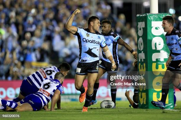 Jesse Ramien of the Sharks celebrates a try during the round 11 NRL match between the Cronulla Sharks and the Canterbury Bulldogs at Southern Cross...