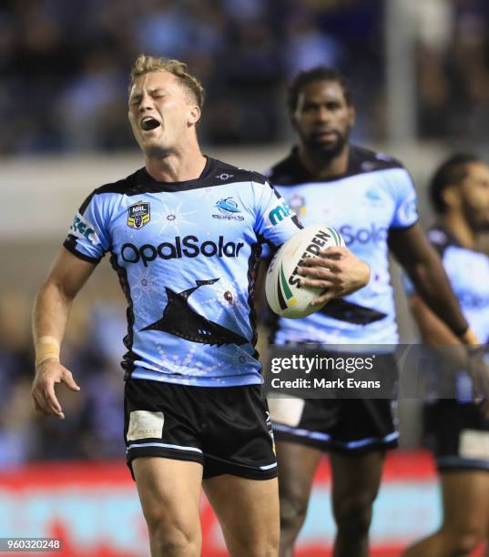 Matt Moylan of the Sharks shows his frustration after a mistake during the round 11 NRL match between the Cronulla Sharks and the Canterbury Bulldogs...