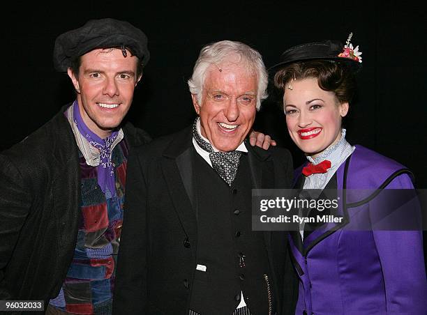 Cast members Gavin Lee and Ashley Brown pose with guest star Dick Van Dyke backstage after a performance of Disney and Cameron Mackintosh's "Mary...