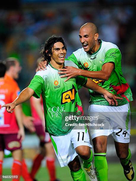 David Williams and Dyron Daal of the Fury celebrate after David Wiliams scored the equalising goal during the round 24 A-League match between the...