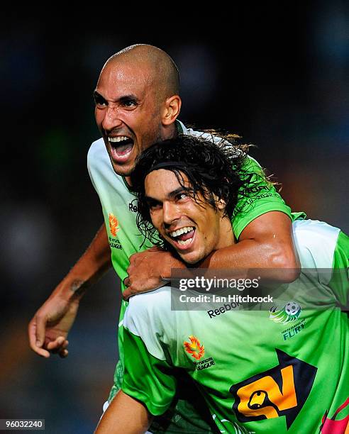 David Williams and Dyron Daal of the Fury celebrate after David Wiliams scored the equalising goal during the round 24 A-League match between the...