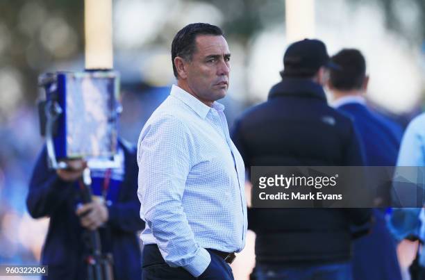 Sharks Coach Shane Flanagan looks on before the round 11 NRL match between the Cronulla Sharks and the Canterbury Bulldogs at Southern Cross Group...