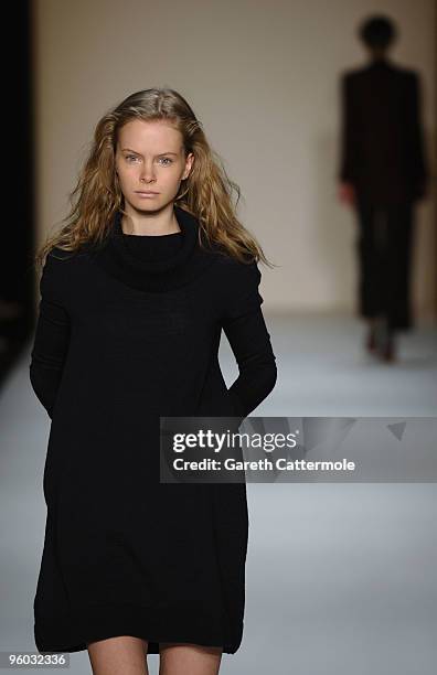 Model walks the runway at the Michael Sontag Fashion Show during the Mercedes-Benz Fashion Week Berlin Autumn/Winter 2010 at the Bebelplatz on...