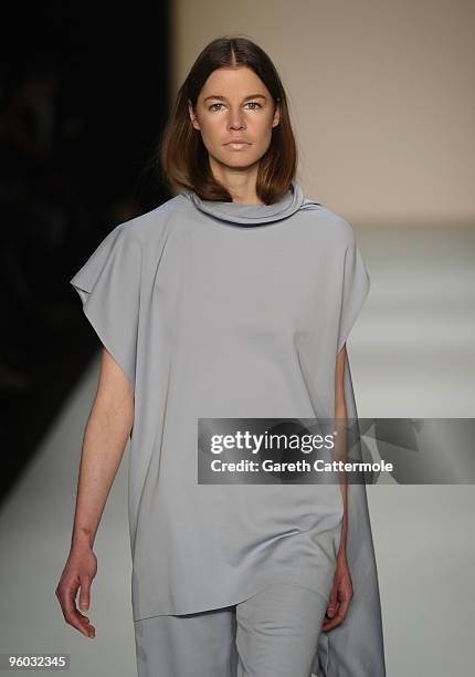 Model walks the runway at the Michael Sontag Fashion Show during the Mercedes-Benz Fashion Week Berlin Autumn/Winter 2010 at the Bebelplatz on...