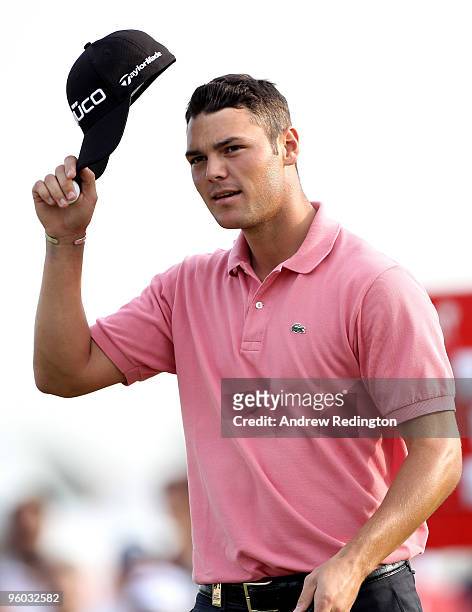 Martin Kaymer of Germany waves to the crowd on the 18th hole during the third round of The Abu Dhabi Golf Championship at Abu Dhabi Golf Club on...