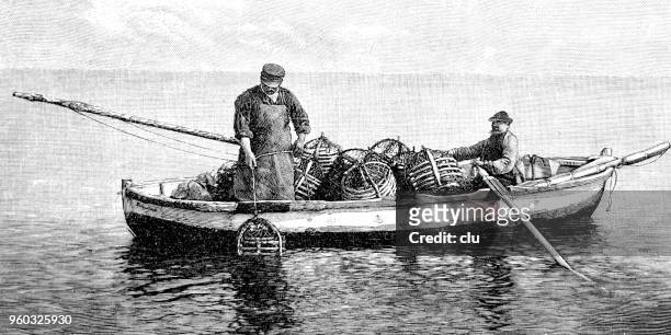 lobster fishermen put fishing baskets to sea - fisherman stock illustrations