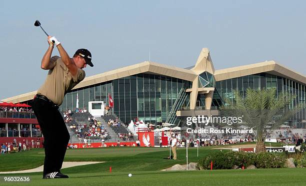 Peter Hanson of Sweden on the par five 18th hole during the third round of the Abu Dhabi Golf Championship at the Abu Dhabi Golf Club on January 23,...