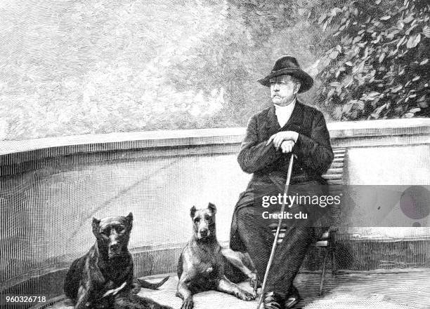 otto von bismarck, sitting outside with two dogs - building terrace stock illustrations