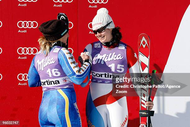 Anja Paerson of Sweden takes 3rd place, Nadja Kamer of Switzerland takes 3rd place during the Audi FIS Alpine Ski World Cup Women's Downhill on...