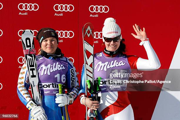 Anja Paerson of Sweden takes 3rd place, Nadja Kamer of Switzerland takes 3rd place during the Audi FIS Alpine Ski World Cup Women's Downhill on...