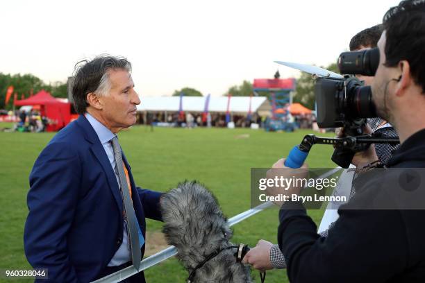 President, Sebastian Coe, is interviewed during the 2018 European 10,000m Cup at Parliament Hill Athletics Track on May 19, 2018 in London, England.