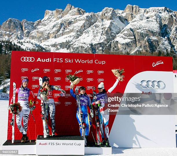 Lindsey Vonn of the USA takes 1st place, Maria Riesch of Germany takes 2nd place, Anja Paerson of Sweden takes 3rd place, Nadja Kamer of Switzerland...