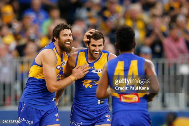 Josh Kennedy of the Eagles congratulates Jack Darling after kicking a goal during the round nine AFL match between the West Coast Eagles and the...