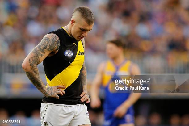 Dustin Martin of the Tigers looks on during the round nine AFL match between the West Coast Eagles and the Richmond Tigers at Optus Stadium on May...