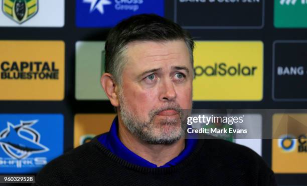 Dean Pay, Coach of the Bulldogs talks to the media after the round 11 NRL match between the Cronulla Sharks and the Canterbury Bulldogs at Southern...