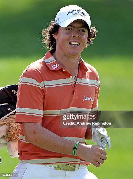 Rory McIlroy of Northern Ireland smiles on the fifth hole during the third round of The Abu Dhabi Golf Championship at Abu Dhabi Golf Club on January...