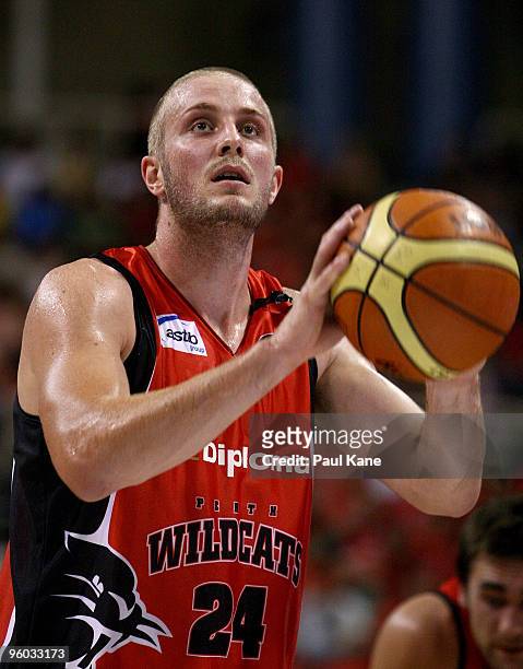 Jesse Wagstaff of the Wildcats shoots a free throw during the round 17 NBL match between the Perth Wildcats and the Melbourne Tigers at Challenge...