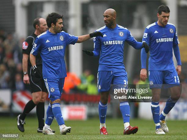 Nicholas Anelka of Chelsea is congratulated by team mate Deco after scoring the opening goal during the FA Cup sponsored by E.ON Fourth round match...