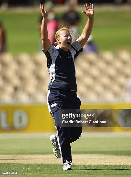 Clea Smith of the Spirit celebrates taking the wicket of Alex Blackwell of the Breakers women's Twenty20 Big Bash match between the Victorian Spirit...