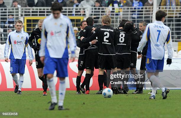 Players of of SV Sandhausen celebrate the first goal during the third league match between Carl Zeiss Jena and SV Sandhausen at the...