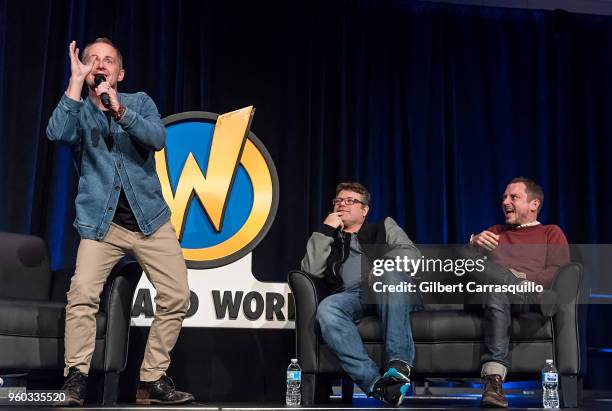 Actors Billy Boyd, Sean Astin and Elijah Wood attend the 2018 Wizard World Comic Con at Pennsylvania Convention Center on May 19, 2018 in...