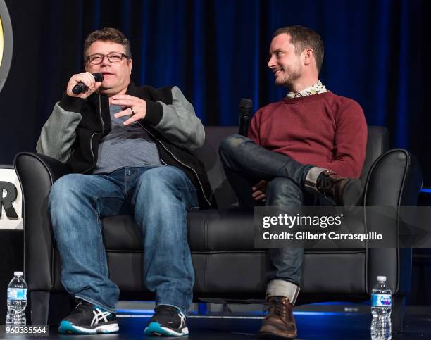 Actors Sean Astin and Elijah Wood attend the 2018 Wizard World Comic Con at Pennsylvania Convention Center on May 19, 2018 in Philadelphia,...