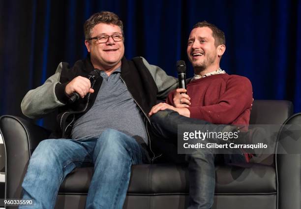Actors Sean Astin and Elijah Wood attend the 2018 Wizard World Comic Con at Pennsylvania Convention Center on May 19, 2018 in Philadelphia,...