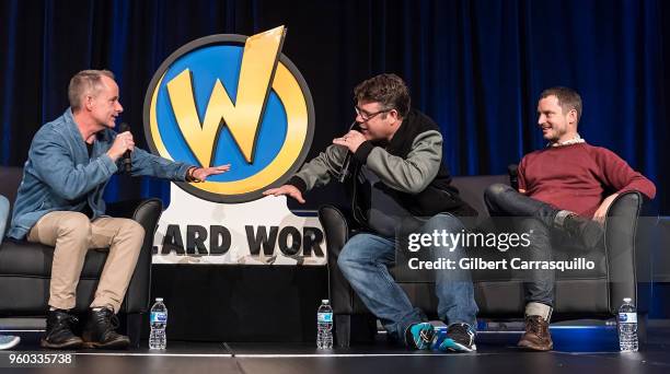 Actors Billy Boyd, Sean Astin and Elijah Wood attend the 2018 Wizard World Comic Con at Pennsylvania Convention Center on May 19, 2018 in...
