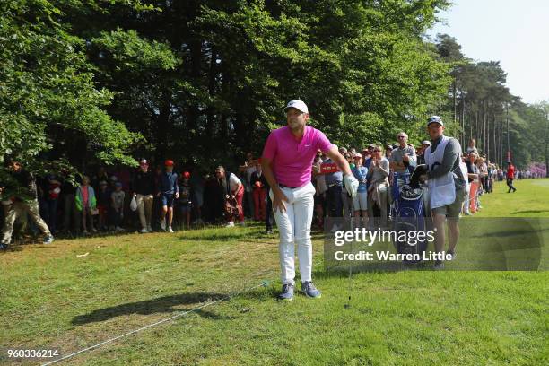 James Heath of England lines up his second shot on the 9th hole during his quater final match against Nicolas Colsaerts of Belgium during the final...