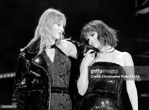 Taylor Swift and Selena Gomez perform onstage during the Taylor Swift reputation Stadium Tour at the Rose Bowl on May 19, 2018 in Pasadena, California