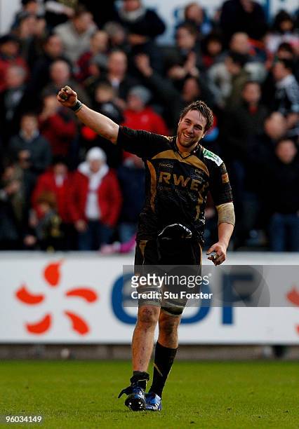Ospreys captain Ryan Jones celebrates on the final whistle after the Heineken Cup Round 6 Pool 3 match between Ospreys and Leicester Tigers at...