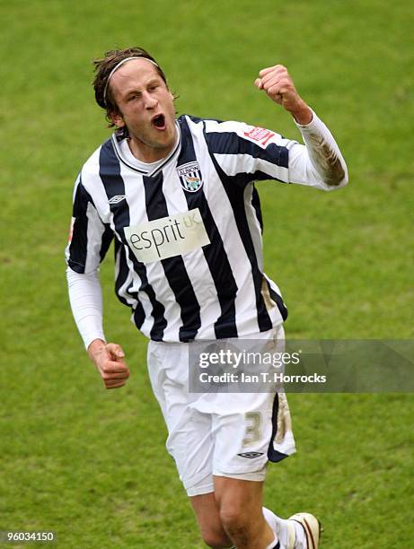 Jonas Olsson celebrates after scoring the first goal during the fourth round match of The FA Cup, sponsored by E.ON, between West Bromwich Albion and...