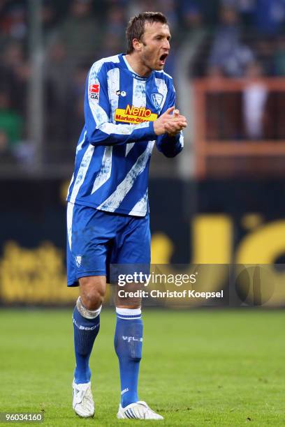 Christoph Dabrowski of Bochum shouts during the Bundesliga match between VfL Bochum and FC Schalke 04 at Rewirpower Stadium on January 23, 2010 in...
