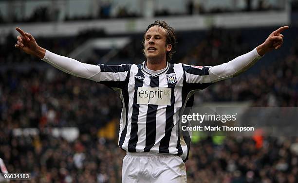 Jonas Olsson of West Bromwich Albion celebrates his goal during the FA Cup sponsored by E.O.N 4th Round match between West Bromwich Albion and...