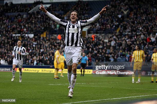 Jonas Olsson of West Bromwich Albion celebrates his goal during the FA Cup sponsored by E.O.N 4th Round match between West Bromwich Albion and...