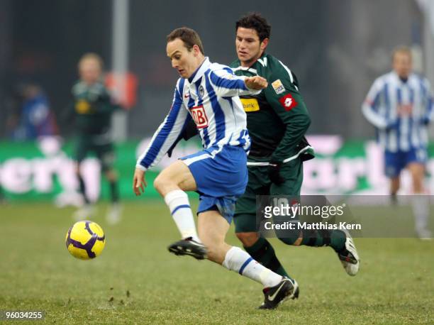 Raul Marcelo Bobadilla of Moenchengladbach battles for the ball with Steve von Bergen of Berlin during the Bundesliga match between Hertha BSC Berlin...