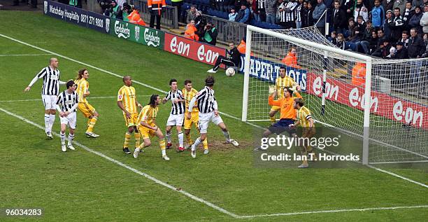 Jonas Olsson scores the first goal during the fourth round match of The FA Cup, sponsored by E.ON, between West Bromwich Albion and Newcastle United...