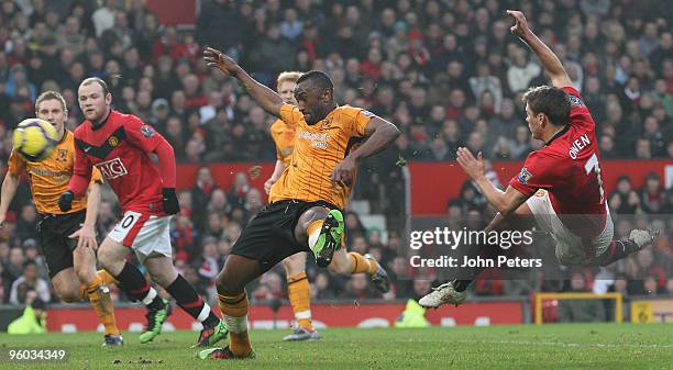 Michael Owen of Manchester United tries a shot on goal during the FA Barclays Premier League match between Manchester United and Hull City at Old...