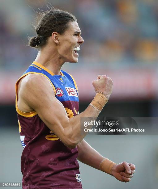 Eric Hipwood of the Lions celebrates a goal during the 2018 AFL round nine match between the Brisbane Lions and the Hawthorn Hawks at the Gabba on...