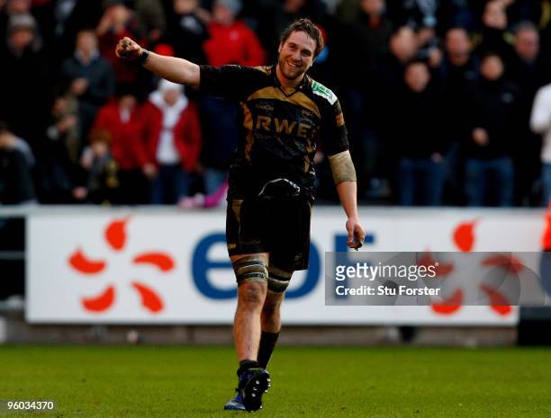 Ospreys captain Ryan Jones celebrates on the final whistle after the Heineken Cup Round 6 Pool 3 match between Ospreys and Leicester Tigers at...