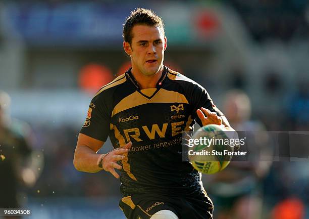 Lee Byrne of the Ospreys in action during the Heineken Cup Round 6 Pool 3 match between Ospreys and Leicester Tigers at Liberty Stadium on January...