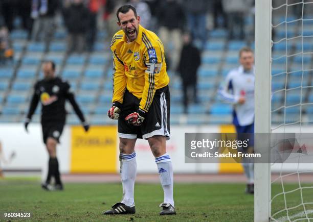 Goalkeeper Carsten Nulle of Carl Zeiss Jena reacts during the third league match between Carl Zeiss Jena and SV Sandhausen at the...