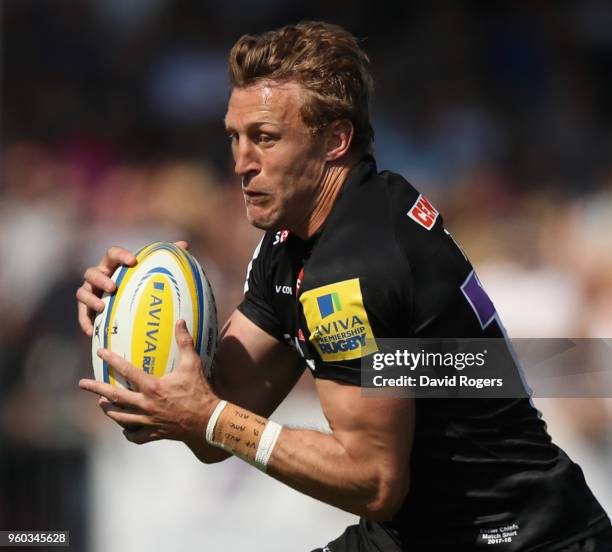 Lachie Turner of Exeter runs with the ball during the Aviva Premiership Semi Final between Exeter Chiefs and Newcastle Falcons at Sandy Park on May...