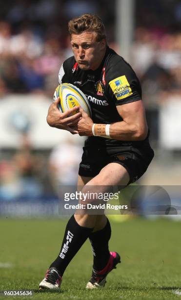 Lachie Turner of Exeter runs with the ball during the Aviva Premiership Semi Final between Exeter Chiefs and Newcastle Falcons at Sandy Park on May...