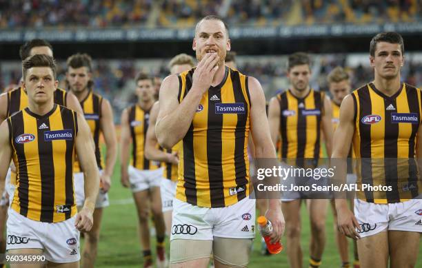 Jarryd Roughead of the Hawks leaves with his team after the loss during the 2018 AFL round nine match between the Brisbane Lions and the Hawthorn...