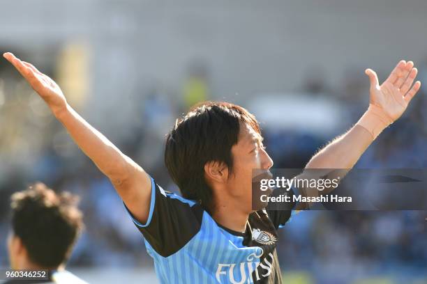 Kengo Nakamura of Kawasaki Frontale dances "Y" of the "YMCA" from "Young Man" by Japanese singer Hideki Saijo after the third goal of Kawasaki...