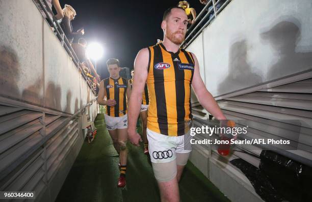 Jarryd Roughead of the Hawks leaves with his team after the loss during the 2018 AFL round nine match between the Brisbane Lions and the Hawthorn...